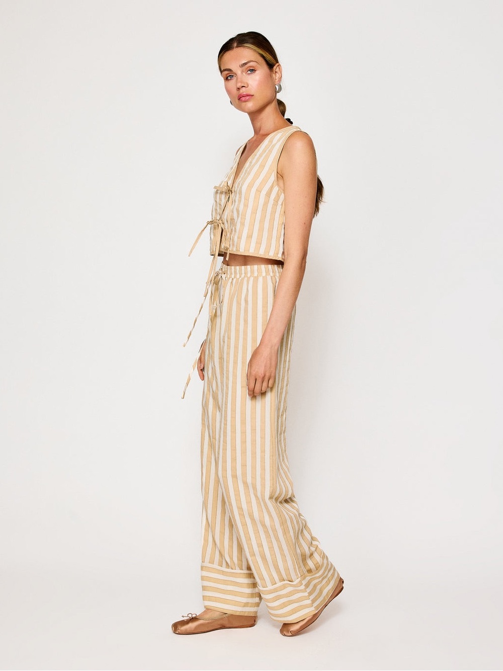 Line & Dot Beige and White Striped Wide Leg Pant and Tie Top Kamari Set